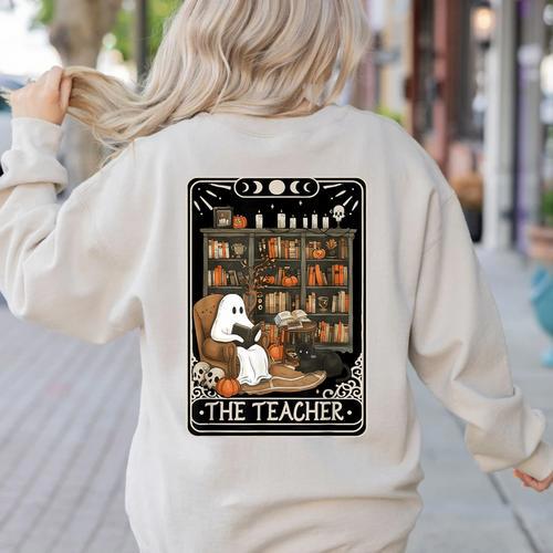 The Teacher Ghost Book Reading Books Lover Halloween Women's Sweatshirt Back Print - teacherstshirts.com AU