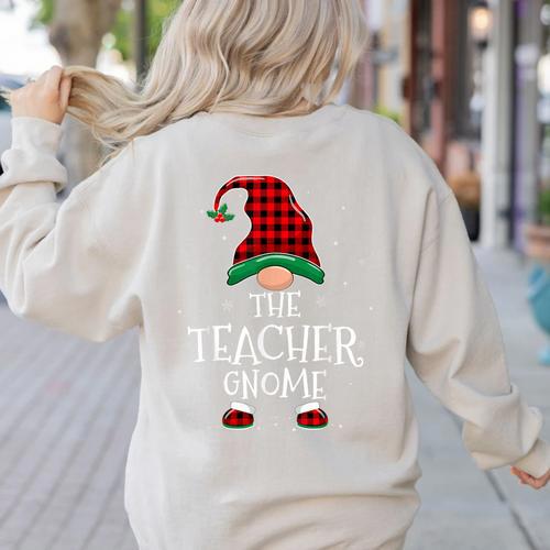 Teacher Gnome Xmas Family Matching Plaid Christmas Gnomes Women's Sweatshirt Back Print - teacherstshirts.com DE