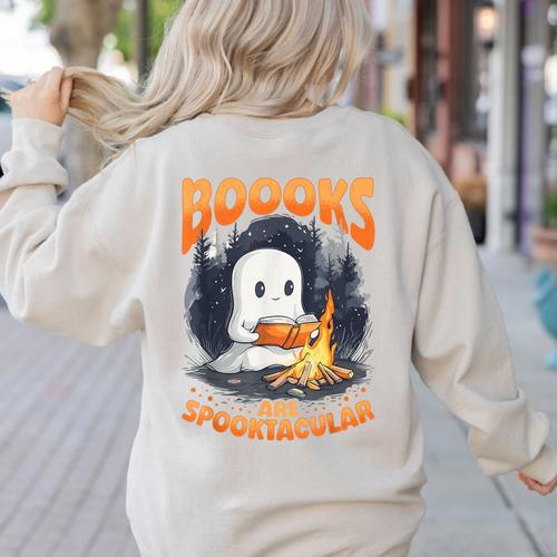 Teacher Halloween Ghost Reading Book Animal Boooks Are Women's Sweatshirt Back Print - teacherstshirts.com AU