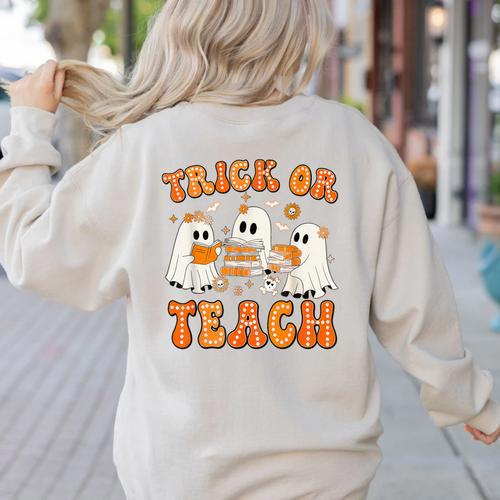 Teacher Halloween Trick Or Teach Retro Groovy Floral Ghost Women's Sweatshirt Back Print - teacherstshirts.com