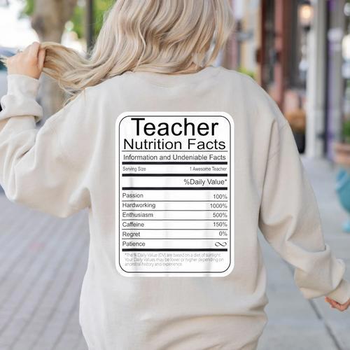 Teacher Nutrition Facts Teachers Nutritional Fact Women's Sweatshirt Back Print - teacherstshirts.com