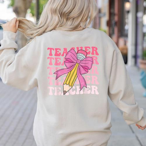 Teacher Pencil Back To School Groovy Pink Teacher First Day Women's Sweatshirt Back Print - teacherstshirts.com AU