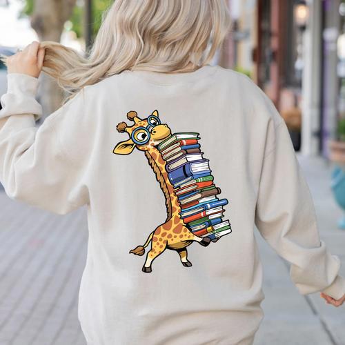 Teacher Shirt Giraffe Holding Books Bookworm Librarian Women's Sweatshirt Back Print - teacherstshirts.com DE