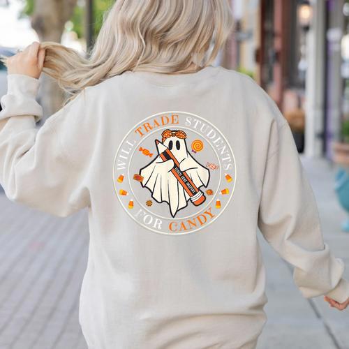 Teacher Will Trade Students For Candy Easy Halloween Costume Women's Sweatshirt Back Print - teacherstshirts.com UK
