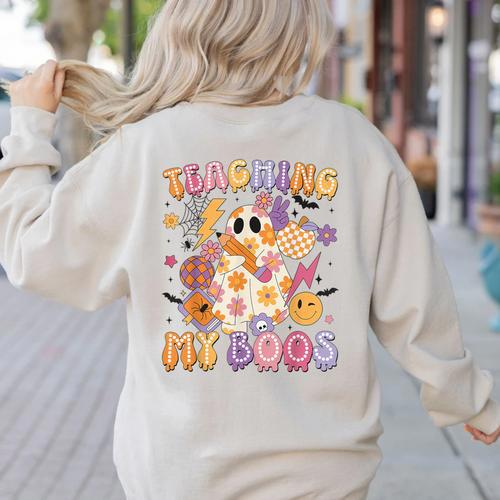 Teaching My Boos Ghost Halloween Costumes Teacher Men Women Women's Sweatshirt Back Print - teacherstshirts.com CA
