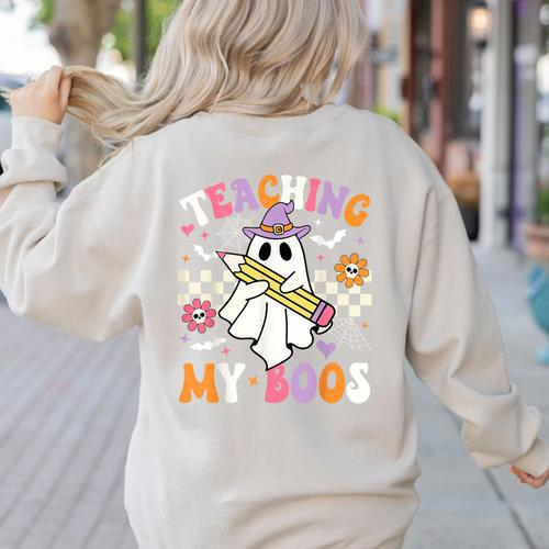 Teaching My Boos Ghost Teacher Cute Groovy Halloween Teacher Women's Sweatshirt Back Print - teacherstshirts.com AU
