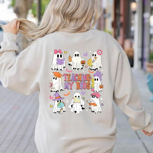 Teaching My Boos Teacher Cute Ghost Groovy Teacher Halloween Women's Sweatshirt Back Print - teacherstshirts.com AU