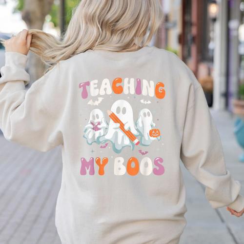 Teaching My Boos Teacher Cute Ghost Teacher Halloween Women's Sweatshirt Back Print - teacherstshirts.com CA