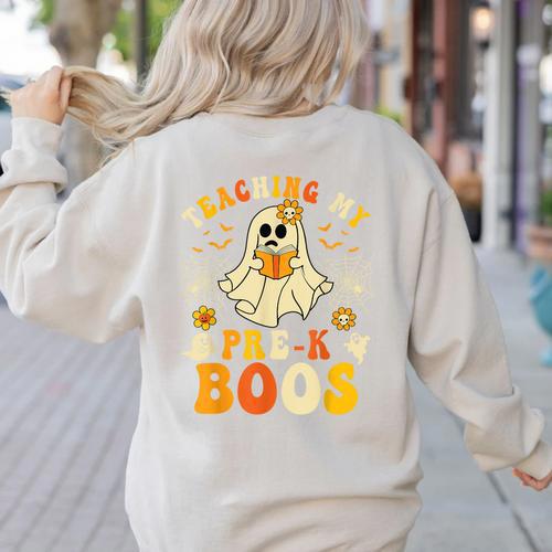 Teaching My Pre-K Boos Crew Teachers Halloween Ghost Women's Sweatshirt Back Print - teacherstshirts.com DE