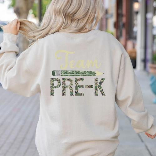 Team Pre-K Camo Pre-K Teacher Camouflage Women's Sweatshirt Back Print - teacherstshirts.com AU