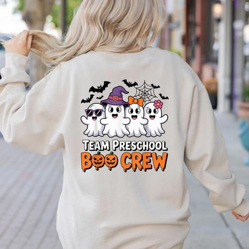 Team Preschool Boo Crew Halloween Teacher Student Costume Women's Sweatshirt Back Print - teacherstshirts.com UK