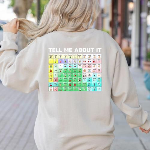 Tell Me About It Speech Language Pathology AAC Sped Teacher Women's Sweatshirt Back Print - teacherstshirts.com CA