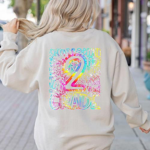 Tie Dye 2nd Grade Typography Team Second Grade Teacher Women's Sweatshirt Back Print - teacherstshirts.com DE