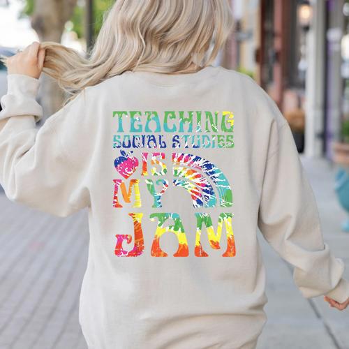 Tie Dye Teaching Social Studies Is My Jam Sunglasses Teacher Women's Sweatshirt Back Print - teacherstshirts.com CA