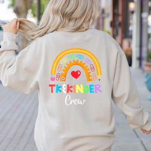 TK And Kinder Crew TK Teacher Transitional Kindergarten PreK Women's Sweatshirt Back Print - teacherstshirts.com AU