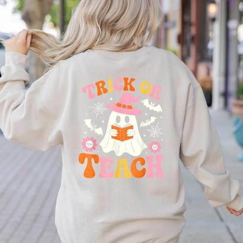 Trick Or Teach Cute Floral Ghost Teacher Halloween Costume Women's Sweatshirt Back Print - teacherstshirts.com AU