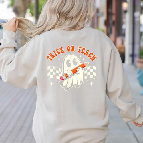 Trick Or Teach Groovy Retro Ghost Halloween Teacher Kids Women's Sweatshirt Back Print - teacherstshirts.com CA