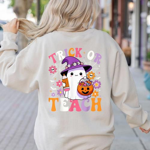 Trick Or Teach Groovy Teacher Ghost Halloween Teacher Women's Sweatshirt Back Print - teacherstshirts.com UK