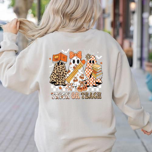 Trick Or Teach Groovy Teacher Halloween Floral Ghost Women's Sweatshirt Back Print - teacherstshirts.com AU