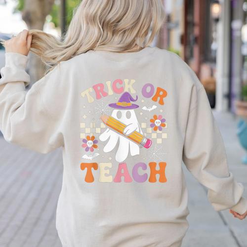 Trick Or Teach Groovy Teacher Halloween Retro Ghost Women's Sweatshirt Back Print - teacherstshirts.com UK
