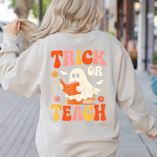 Trick Or Teach Halloween Shirt For Teacher Kids Floral Ghost Women's Sweatshirt Back Print - teacherstshirts.com UK