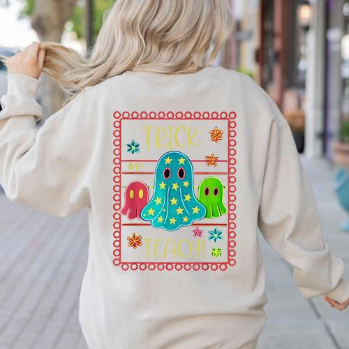 Trick Or Teach Neon Ghost Flower Teacher Spooky Halloween Women's Sweatshirt Back Print - teacherstshirts.com AU
