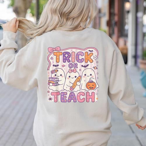 Trick Or Teach Retro Halloween Teacher Look Women's Sweatshirt Back Print - teacherstshirts.com AU
