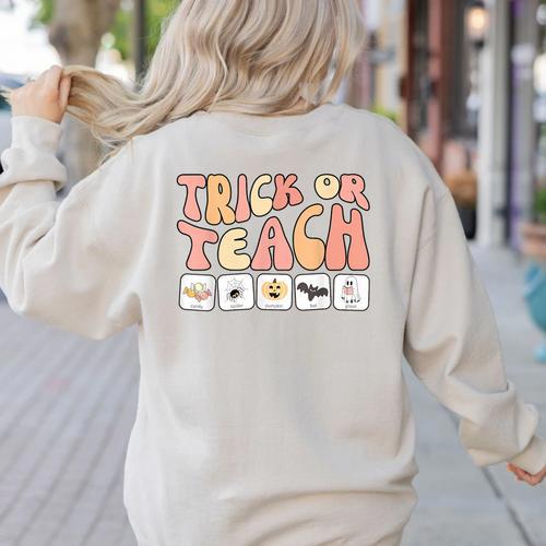 Trick Or Teach With Symbols Special Education Teacher Spooky Women's Sweatshirt Back Print - teacherstshirts.com CA