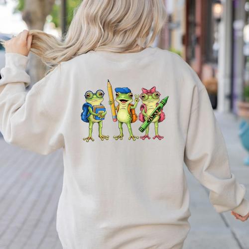 Trio Cute Frogs Welcome Back To School Teachers Girls Boys Women's Sweatshirt Back Print - teacherstshirts.com