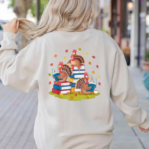 Turkey Reading Books Fall Season Thanksgiving Teacher Book Women's Sweatshirt Back Print - teacherstshirts.com CA