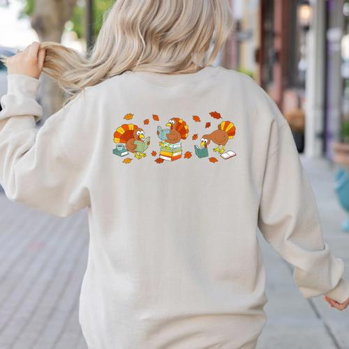 Turkey Reading Books Fall Thanksgiving Teacher Book Lovers Women's Sweatshirt Back Print - teacherstshirts.com AU