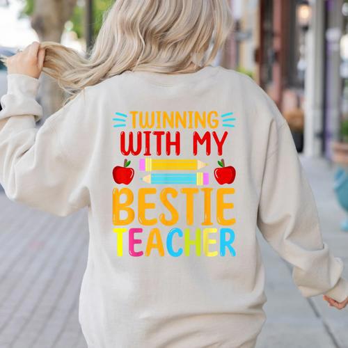 Twinning With My Bestie Teacher Boy Spirit Week Twin Day Women's Sweatshirt Back Print - teacherstshirts.com DE