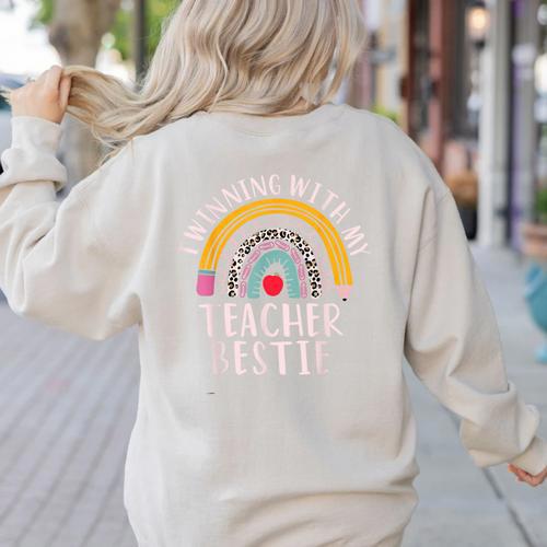 Twinning With My Teacher Bestie Spirit Week Girls Day Kids Women's Sweatshirt Back Print - teacherstshirts.com DE