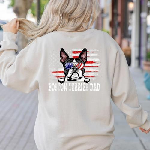 Vintage Boston Terrier Dad American Flag Father's Day Women's Sweatshirt Back Print - Bostonterriersmerch.com