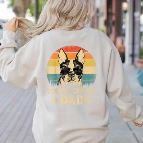 Vintage Boston Terrier Dad Dog Lovers Father's Day Tee Women's Sweatshirt Back Print - Bostonterriersmerch.com