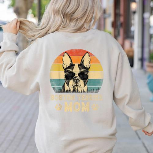 Vintage Boston Terrier Mom Dog Lovers Mother's Day Women's Sweatshirt Back Print - Bostonterriersmerch.com