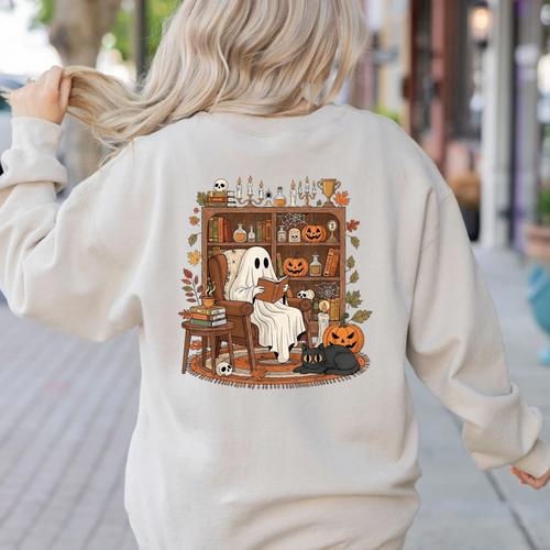 Vintage Ghost Book Reading Pumpkin Gothic Halloween Teachers Women's Sweatshirt Back Print - teacherstshirts.com UK