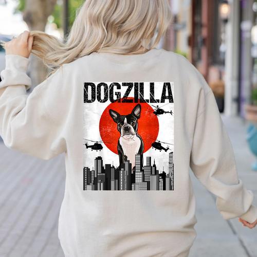 Vintage Japanese Dogzilla Boston Terrier Women's Sweatshirt Back Print - Bostonterriersmerch.com