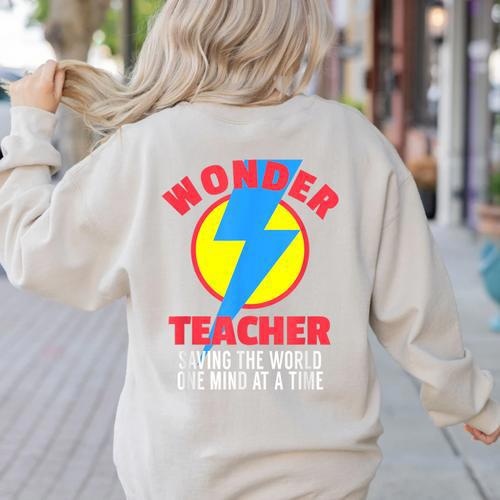 Wonder Teacher Costume Shirt Teacher Halloween Costume Tee Women's Sweatshirt Back Print - teacherstshirts.com AU