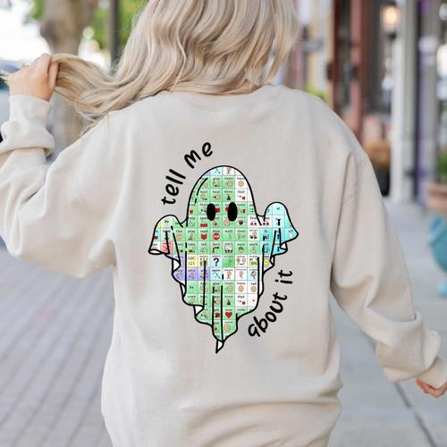 AAC Ghost Tell Me About It Speech Pathology AAC Sped Teacher Women's Sweatshirt Back Print - teacherstshirts.com
