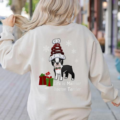 Boston Terrier Christmas T Shirt-Life Is Merrier Premium Tri-Blend Women's Sweatshirt Back Print - Bostonterriersmerch.com