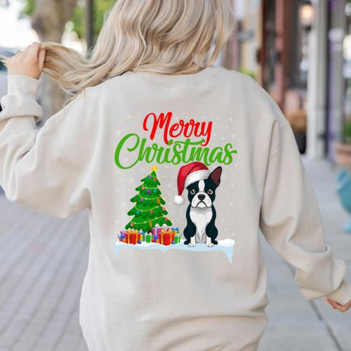 Boston Terrier Christmas Tree Lights Xmas Dog Lover Women's Sweatshirt Back Print - Bostonterriersmerch.com