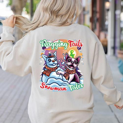 Boston Terrier Dog Christmas Snowman Winter Snow Women's Sweatshirt Back Print - Bostonterriersmerch.com