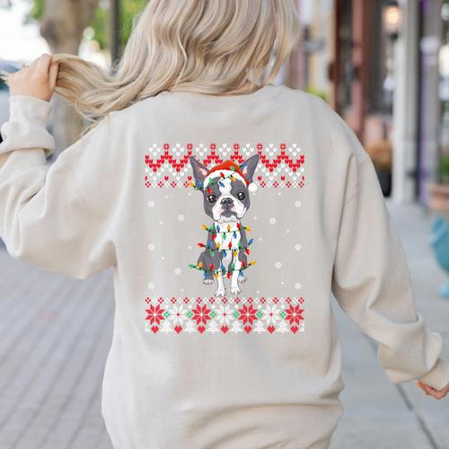 Boston Terrier Dog Santa Hat Men Kids Ugly Christmas Light Women's Sweatshirt Back Print - Bostonterriersmerch.com