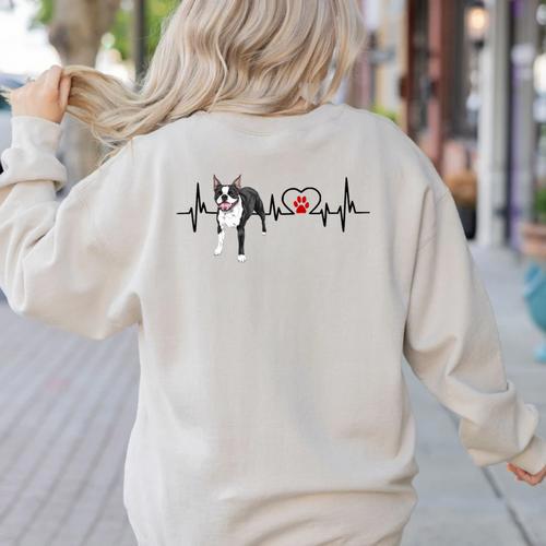 Boston Terrier EKG Heartbeat Heart Line Dog Lovers Women's Sweatshirt Back Print - Bostonterriersmerch.com