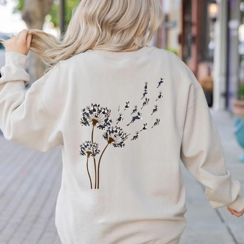 Boston Terrier Flower Fly Dandelion Dog Lover Dog Dad Women's Sweatshirt Back Print - Bostonterriersmerch.com