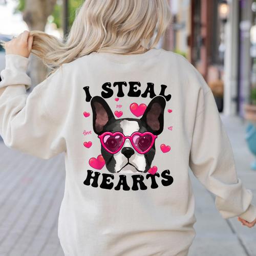 Boston Terrier Heart Glasses Girls Bostie Valentines Day Women's Sweatshirt Back Print - Bostonterriersmerch.com