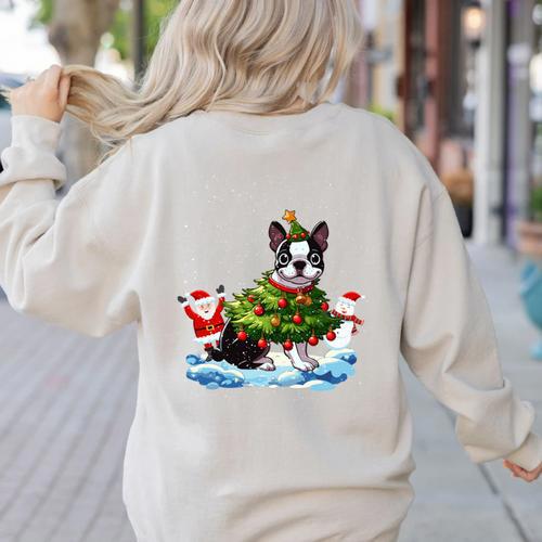 Boston Terrier Merry Christmas Tree Lights Dog X-Mas Dogs Women's Sweatshirt Back Print - Bostonterriersmerch.com