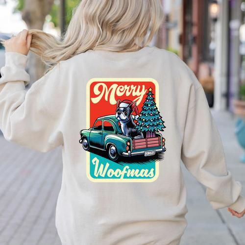 Boston Terrier Merry Christmas Tree Truck Santa Dog X-Mas Women's Sweatshirt Back Print - Bostonterriersmerch.com