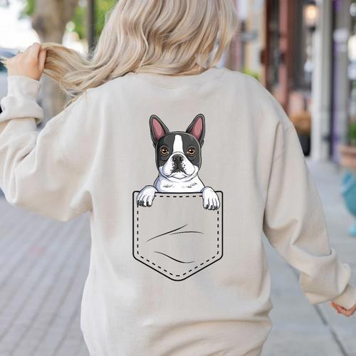 Boston Terrier In The Pocket Cute Boston Terrier Dog Lovers Men Women Girls Kids Women's Sweatshirt Back Print - Bostonterriersmerch.com